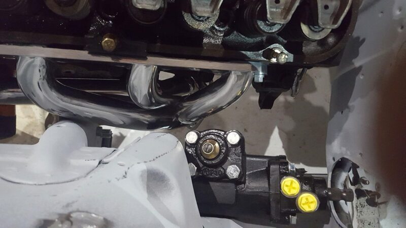 Sanderson FF3GTS left side installed on Falcon with Borgeson power steering gear